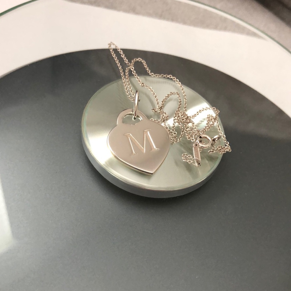 Retired Tiffany & Co. Initial M Heart Pendant Necklace on 17 1/2” Tiffany Chain - Picture 7 of 9